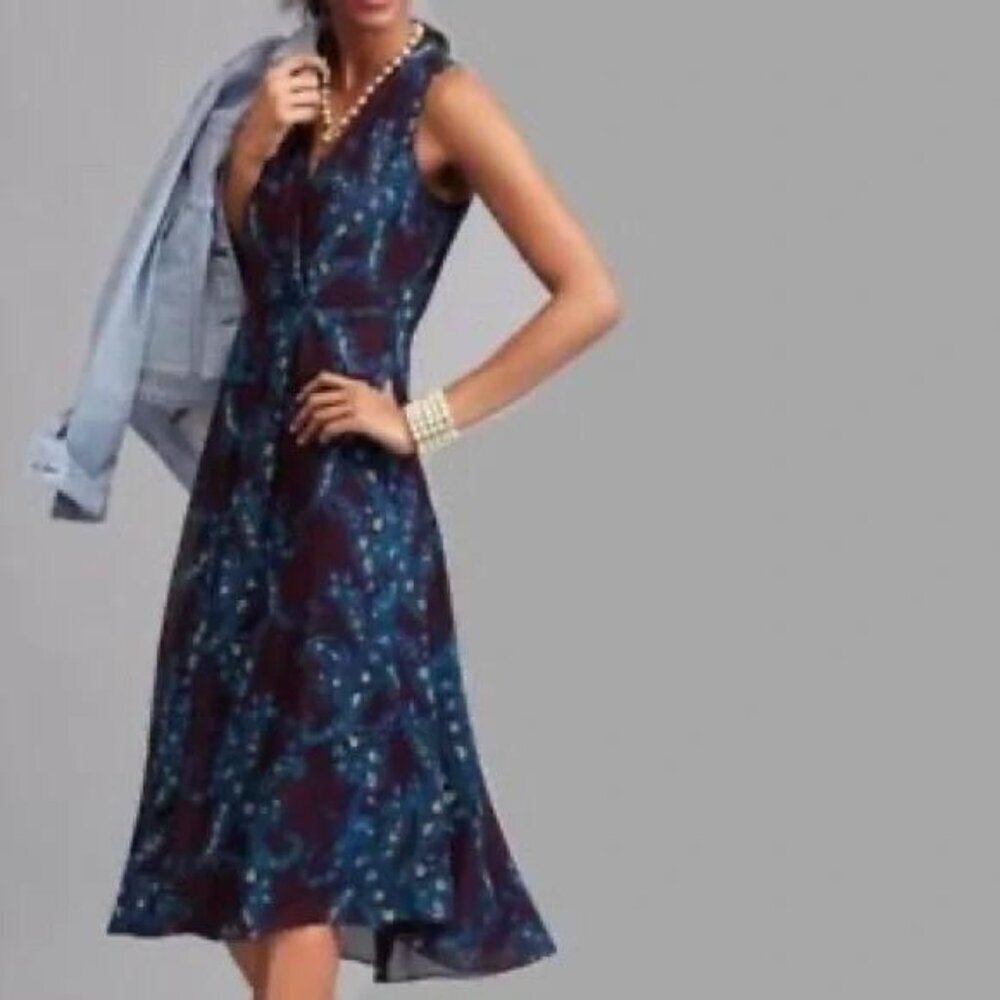 CAbi Treasure Midi Dress Size 8 Purple Blue Paisley Chiffon Sleeveless - Picture 2 of 11